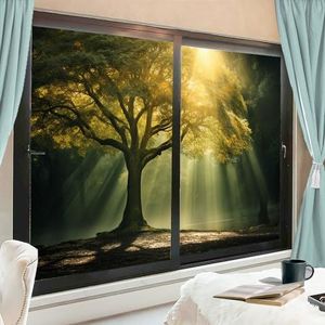 AEMYSKA Moderne bomen raamfolie, warmteblokkerend, rustiek, bos, zonnig natuurlijk landschap, privacy-raamdecoratie, glazen deurbedekking, niet-klevende raamfilm voor badkamer keuken, 80 x 140 cm x 2