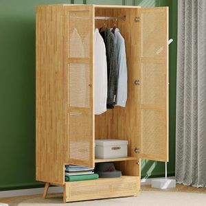 YuQozii Kledingkast met stang, 2-deurs kledingkast, slaapkamer, rotan net, woonkamer, met onderste flip-topdeksel, spaanplaat + PE-rotan, naturel