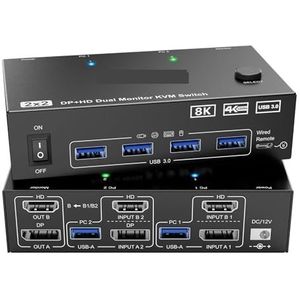 Dual Monitor KVM-switch 2-poorts, 8K@60Hz 4K@144Hz +DP USB 3.0-switch Uitgebreide weergave 2 monitoren 2 computers,Schakelde soepel