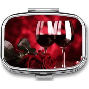 Rozen en glazen rode wijn pillendoos voor vrouwen en mannen, pochet pillendoosje decoratieve doos geneeskunde vitamine metalen pillenorganisator draagbare pilhouder voor reizen uniek cadeau