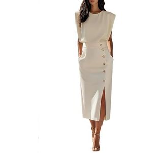 UPPJPBSW Dames Zomer Elegante Kantoor Cocktail Jurk Ronde Hals Knopen Voorzijde Split Zoom, Zakelijke Werk Potloodstijl,Beige,L