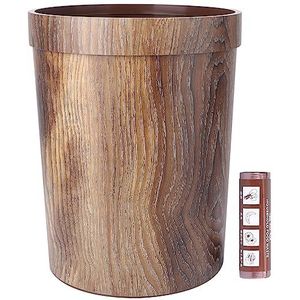 Vintage houtnerf kunststof prullenbak 10L ronde prullenbak boerderij vuilnisbak container for kantoor slaapkamer badkamer bruin (Color : Brown, Size : 30.5x24cm)