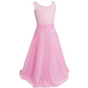 ShiFan Meisjesjurk, kant, bruiloft, verjaardag, feest, bruidsmeisjesjurk, dansjurk, lange jurk met tailleband, roze, 140-150 hoogte