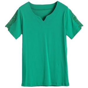 Dvbfufv Dames zomer effen kleur V-hals gesplitst kant korte mouw T-shirt vrouwen elegante losse casual blouses tops, En8, XXL