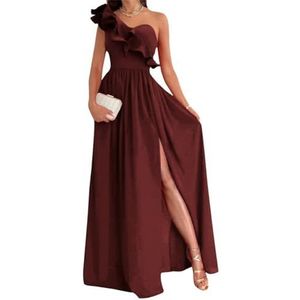Damesjurk met één schouder voor bruidsmeisjes, fluweel, mouwloos, lange formele jurk met split, Bordeaux, 56