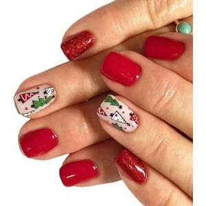 Glinsterende kunstnagels, kort, volledig om op te plakken, glinsterende nagels om op te drukken, kerstboom kunstnagels
