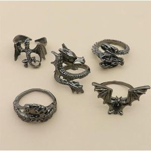 5pcs/set Vintage Dragon Bat Ringen voor Vrouwen Gothic Verstelbare Dierlijke Vinger Opening Ring Punk Party Jewelry Set - zwart
