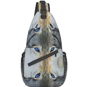 Zwart Wit Formule Geruite Vlaggen Patroon Print Schoudertas, Crossbody Sling Rugzak, Sling Bag Borsttas, Dagrugzak voor Vrouwen Mannen Reizen Wandelen, Blauwe ogen Wolf, Eén maat