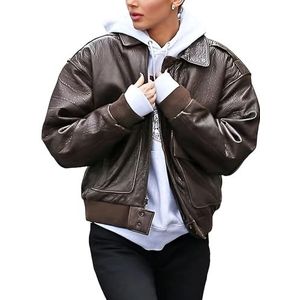 Suiting Style Kendall Leren jas - Jenner stijlvolle bomberjack - bruine oversized outfit voor dames, Bruin, L