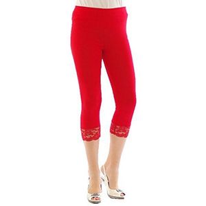 YESET Capri 3/4 leggings met kant, katoenen leggings, kanten rand, broek voor dames, rood, L