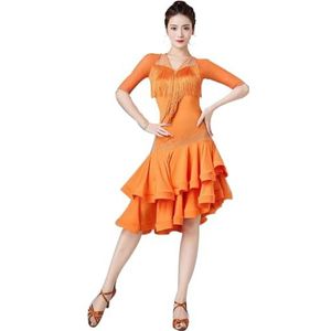 FZHQNZJF Zoom Latijns Opleiding Dansjurken Gemiddelde Mouw Balzaal Danskleding Strass Salsa Tango Prestatie Rok Ademend Danskleding voor Rumba Samba,Oranje,L