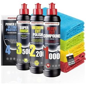 detailmate Menzerna Polijstset voor de auto, Heavy Cut Compound 1000 autopolish + Medium Cut Compound 2200 + Super Finish 3500 + Ceramic Spray Sealant 100 ml + microvezeldoek 40 x 40 cm