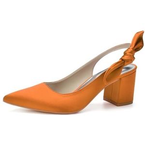 Dames Puntige Neus Blokhak Jurk Pumps Slingback Chunky Hak Slip on Werk Feest Trouwschoenen Voor Bruid,Oranje,35 EU