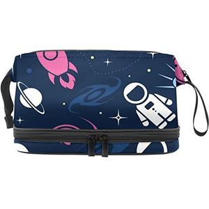 Dubbellaags Cosmetische Tas Astronaut Ruimteschip Maan Ruimte Draagbare Make-up Tas Reizen Organizer Pouch voor Vrouwen Meisjes Toiletartikelen Tassen, Meerkleurig, 27x15x14 cm/10.6x5.9x5.5 in, Make-up zakje