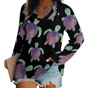 Kleurrijke schildpad vrouwen casual lange mouw T-shirts V-hals gedrukte grafische blouses Tee Tops 5XL