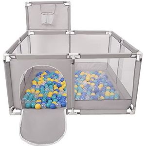Selonis Square Babybox Met Plastic Ballen, Basketbal, Grijs:Blauw/Turkoois/Geel/Transparant,100 Ballen