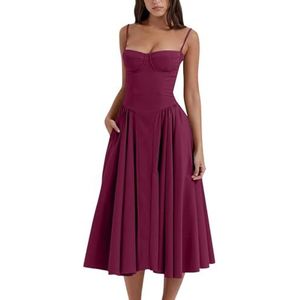 Sleeveless Corset Fit Midi Dress Spaghetti Strap Bustier Midi Dress Trendy A Line Dress With Pocket (M,hot Pink)
