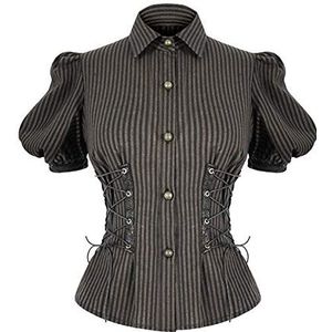 Devil Fashion Womens Steampunk Blouse Top Zwart Bruin Streep Vintage Victoriaanse Shirt Koperen Corset Veters SHT043, Bruin & Zwart, S