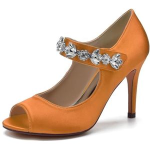 SYDZSW Bruiloftsschoenen Ivoor Hak Naald Satijn Hoge Hakken Bruidsschoenen Sandaal Bruidsschoenen Bruidsband met Strass 35-43, Oranje, 35 EU
