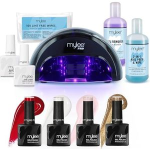 Mylee Complete Professionele Gel Nagellak Kit, 4x nagellakkleuren, top- en basislaag, Mylee PRO Convex Curing LED-lamp, Prep & Wipe-oplossing, gelverwijderaar, 100x pluisvrije doekjes (Kerstmis)