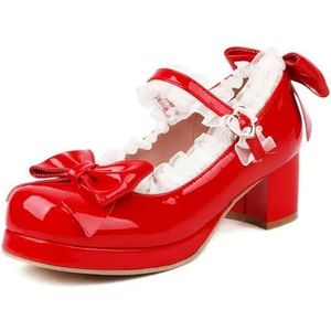 Modieuze leuke gothic Lolita pumps voor vrouwen ronde teen blokhak 5 cm platform elegante gesp riem strik kant zoete meisjes schoenen, rood, 35 EU