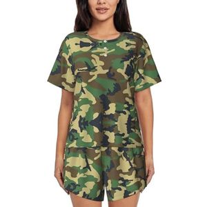 Groene Militaire Camo Print Vrouwen Zomer Zachte Tweedelige Bijpassende Outfits Korte Mouw Pyjama Lounge Pyjama Sets, Zwart, XL