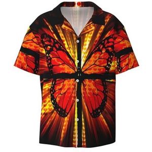 TyEdee Oranje vlinderprint heren korte mouw overhemden met zak casual button down shirts business shirt, Zwart, XL