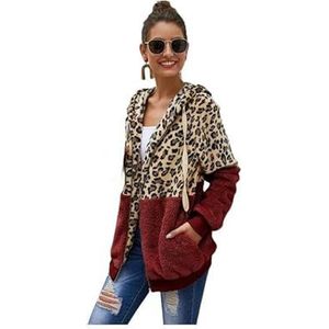 Leopard Shirt Women Autumn Winter Leopard Sweatshirts Women Long Sleeve Hooded Casual Zipper Thick Hoodie Top Warm Coat-Wine Red-Xxl