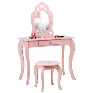 COSTWAY Kindermake-uptafel met kruk en afneembare spiegel, meisjeskaptafel van hout, kindertafel met lade, spiegeltafel 70 x 34 x 105 cm (roze)