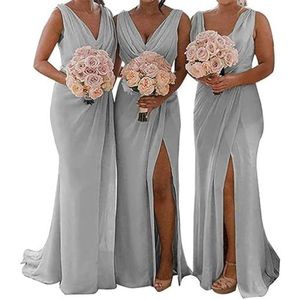 WSEYU Chiffon bruidsmeisjesjurk voor dames, met split, galajurken, plooien, cocktailjurk, grote maten, Zilvergrijs, 32