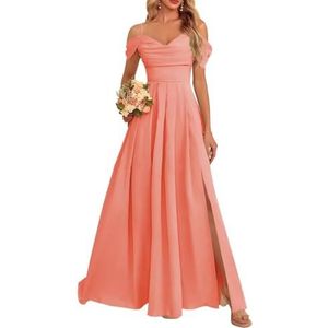 Dames chiffon bruidsmeisjes jurken met split lange galajurken ruches cocktailjurk plus size, Koraal, 32
