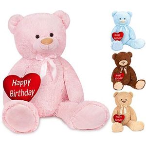 BRUBAKER XXL Teddybeer 100 cm met een Hartje - Happy Birthday - Zacht Speelgoed Knuffel - Roze