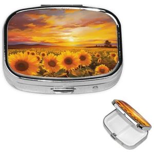 Pillendoos met 2 vakken voor handtas en reistas, mooi zonnebloemveld, zonsondergang, mooie pillendoos voor vitaminen, visolie