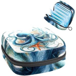 Octopus zeeblauwe algen met bubbels en koraal zeester maandverband opbergtas, grote menstruatiecup zakje met rits, menstruatiepads, tas winkel inlegkruisjes tampons voor meisjes vrouwen