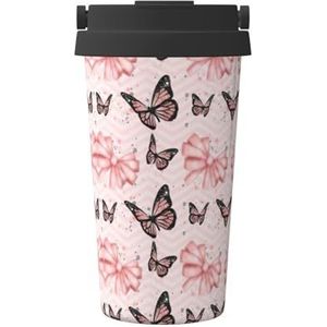 Geïsoleerde koffiemok beker met vlinder, roze print, 500 ml, reisbeker, voor reizen, kantoor, auto, feest, camping