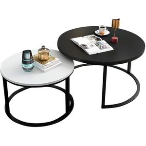 JLVAWIN Salontafel ronde bijzettafels set van 2, kleine matte salontafel, nesttafels, hout en metaal, 80x80cm en 60x60 cm, wit zwarte nachtkastjes (maat: set van 2: 70 cm + 50 cm)