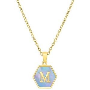 Dames zeshoekige roestvrijstalen letter roze blauwe schelp ketting titanium stalen letter hanger sieraden(Style:Blue-m)