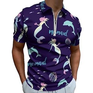 Holografische zeemeermin met dolfijn poloshirt voor heren, casual T-shirts met ritssluiting en kraag, golftops, slim fit