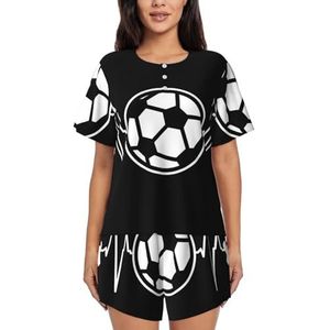EdWal I Love Voetbal Print Dames Pyjama Sets Lounge Wear Set Zachte Loungewear Korte Mouwen Pjs En Shorts, Zwart, 3XL