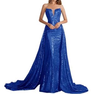 Strapless Pailletten Lange Avond Formele Gelegenheid Jurken voor Vrouwen Vintage Prom Party Jurk met Hof Trein, Blauw, 6