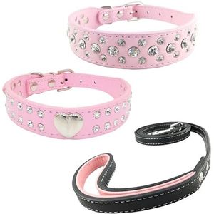 Newtensina 3 stuks hondenhalsband en riem set diamanten hart halsband met riemen voor kleine honden, puppy honden, 3 stuks pak (0447) - roze - S