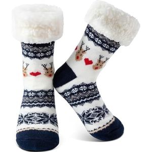SUJAHHUJIQ Kerstsokken, pluizige winterwarme bedsokken voor dames, antislip, behaaglijk dik rendier, kerstcadeaus, Blauw, M