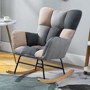 Moderne Relax Schommelstoel Comfortabele Teddy Stof Glider Stoel Gestoffeerde Rocker Ontspannen Fauteuil voor Kinderkamer, Patchwork Accent Stoel met Houten Benen Hoge Rug Schommelstoelen (Kleur: Grijs-2)