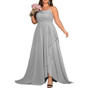 KURFACE Chiffon bruidsmeisjesjurk met split geplooide A-lijn bruidsmeisje formele avondjurk, Zilver, 32