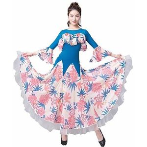 Yhsgscr Trompetmouw Ballroom Grote A lijn rok Bedrukte moderne dansjurk Nationale standaard tango dansoutfit voor dames Flamenco performancekleding,Blauw,L