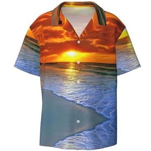 Strand met zonsondergang print heren korte mouwen overhemden met zak casual button down shirts business shirt, Zwart, S