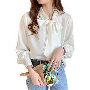 HJUGHPN Dames blouse strik satijn chiffon dames losse lange mouwen shirt dames elegant shirt top, Wit, M