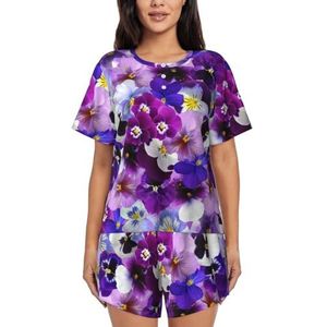 RIVETECH Paarse pyjamaset met bloemenprint voor dames met korte mouwen - comfortabele korte sets, nachtkleding met zakken, Zwart, XL