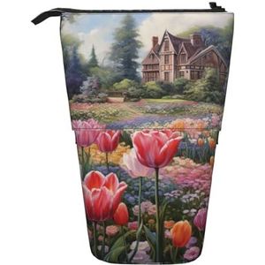 Evengigy Tulip Garden Print Leuke Etui met Zip Verstelbare Stand Potlood Houder Grappige Make-up Tas, Zwart, Eén maat, Tas Organizer