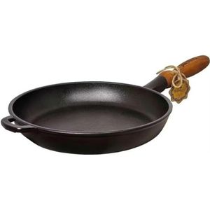 WDMT Maysternya™ Gietijzeren braadpan, diameter 24 x 4 cm, gietijzeren pan voor alle warmtebronnen, houten handvat, zwart